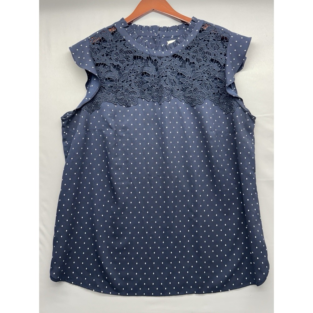 Loft Plus 16 Navy Blue/ White Polka Dots Lace On Top Ruffle Cap Sleeves Blouse